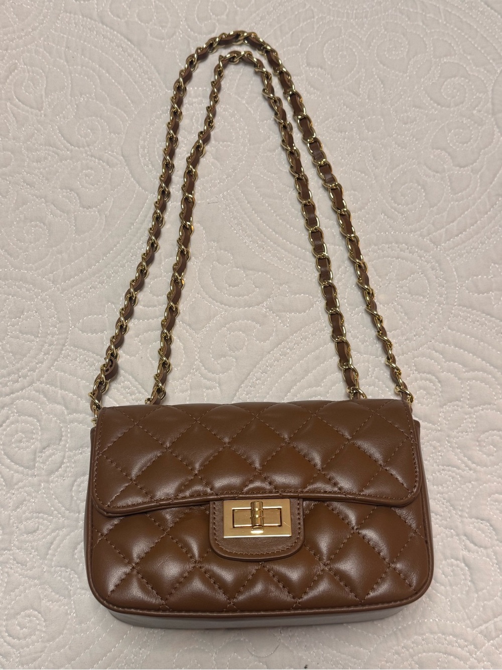 Made in Italy. Quilted Brown Leather Crossbody with Gold Chain Strap